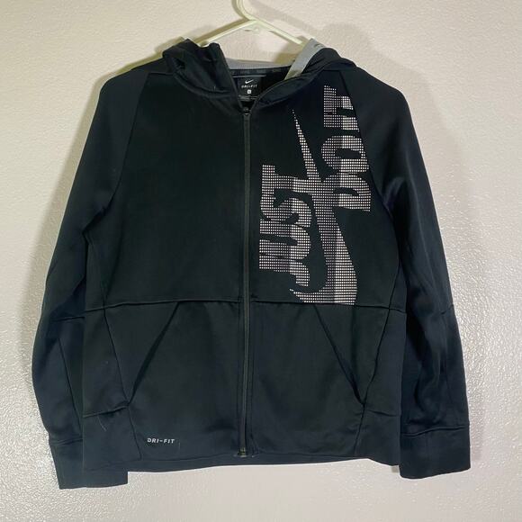 Nike Dri Fit Just Do It Black Full Zip Hoodie Hooded Sweats Kids Youth Size L - Picture 1 of 7
